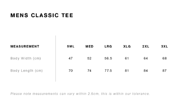mens classic tee size chart